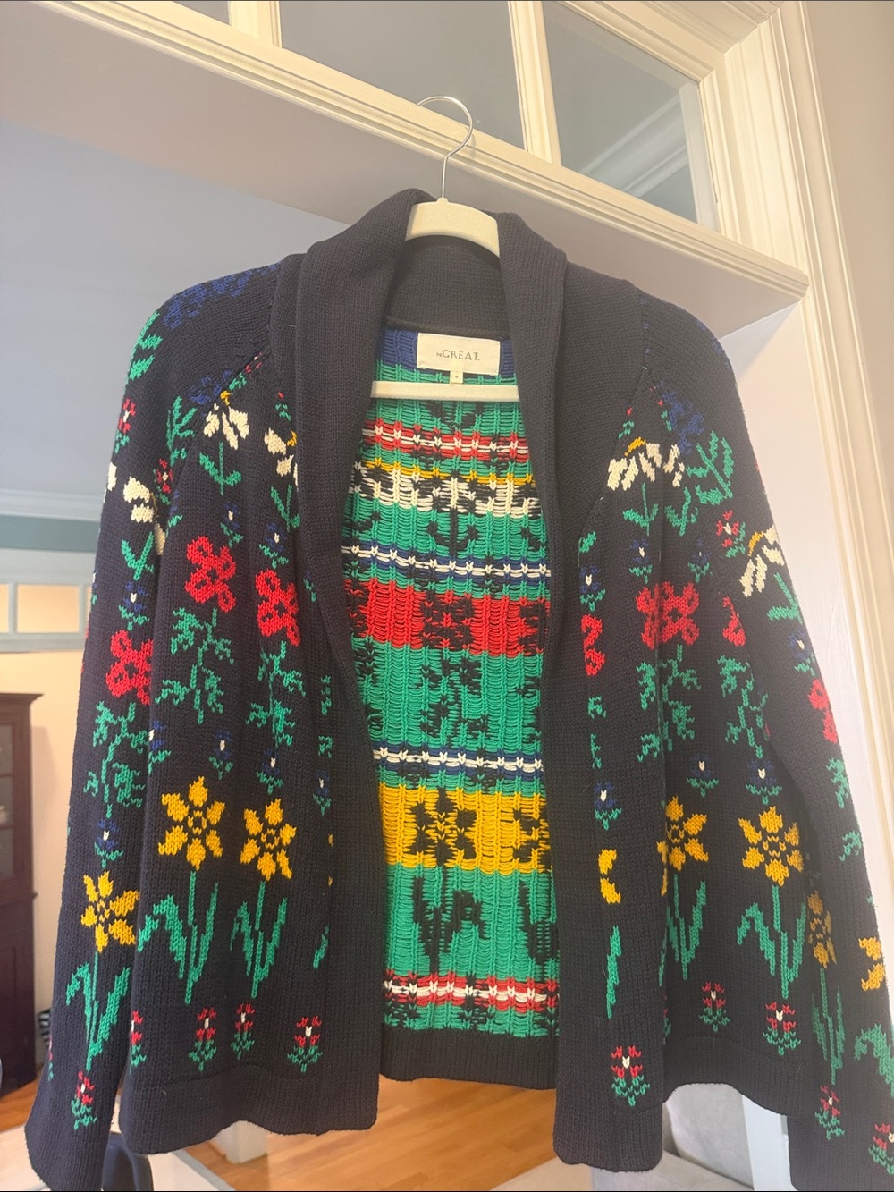 THE GREAT. Navy Floral Embroidered Shawl Collar Cardigan with Multicolor Stripes